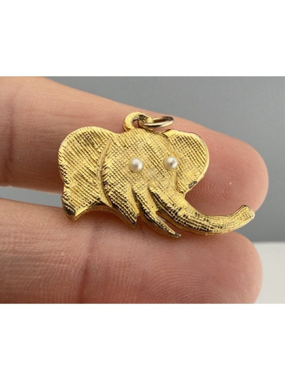 Vintage Elephant Pendant J.J. Friedes Charm Gold Tone Faux Pearl Dainty 1"